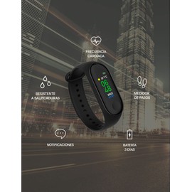 STF Banda Inteligente Negra Kronos Lite Compatible con Android iOS, Resistente A Salpicaduras, Medidor De Pasos Y Frecuencia Cardiaca, Notificaciones | Smartband