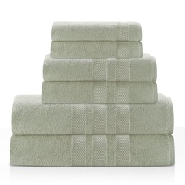 One Thousand Reasons Zero Twist Bathroom Towel Set - Luxury Bath Towel Sets for Bathroom, Hands, and Washcloths - Quick Dry and Absorbent - 6 Pieces, 3 Stripe, Sage