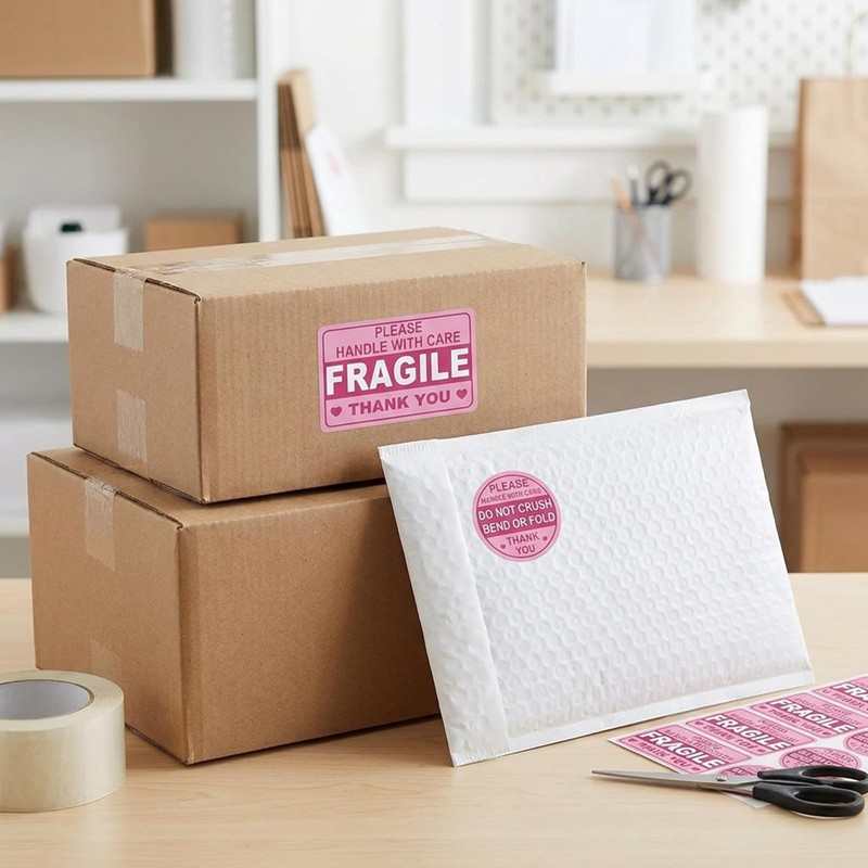 Baiinjiene 300 Pcs Fragile Stickers for Shipping, Pink Handle with