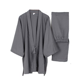 Men's Japanese Style Robes Loose Pure Cotton Kimono Pajamas Suit-Gray M