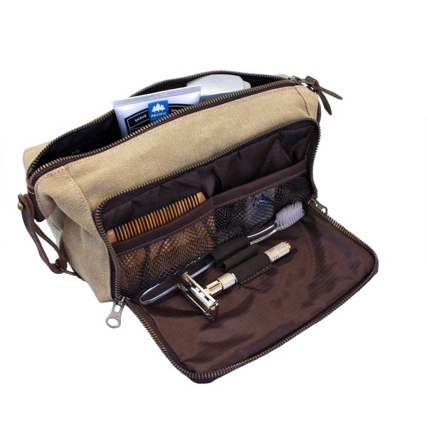 DOPP Kit Toiletry Travel Bag for Men and Women YKK Zipper Canvas & Leather. (Medium, Khaki)