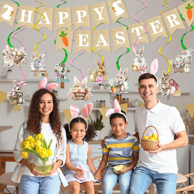 Easter Decorations Happy Easter Garland Banner with Egg Bunny Hanging