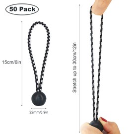 LOOGI Bungee Cord with Balls, 50Pcs 6 Inch Black Bungee Ball Cords, Heavy Duty Tarp Bungees Ties Elastic Tie Down Straps for Tarpaulin Tent Camping Pavilions Flag Marquee