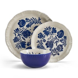 Pfaltzgraff Madison 12-Piece Stoneware Dinnerware Set - Organic Coupe Design in Blue & Tan - Includes Plates & Bowls - Microwave & Dishwasher Safe Everyday Tableware, Rustic Farmhouse Décor
