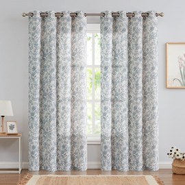 JINCHAN Floral Curtains Linen Curtains for Living Room Blue Farmhouse Curtains 84 Inches Long Light Filtering Country Curtains Kitchen Window Grommet Top Semi Sheer Curtains 2 Panels Blue on Beige