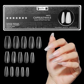 Beautilux 240 Pieces American Nail Caps Medium Ballerina, 15 Sizes, Full Coverage Pre-Sanded Matte Coffin Medium Nail Caps, for Beginners in Manicure Nail Art
