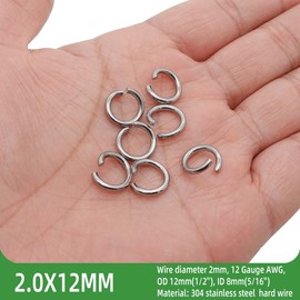 THREENEST - 100 anillos de acero inoxidable, redondos de metal abierto, para collares, pulseras, llaveros, bisutería, 12 mm de grosor, calibre 12
