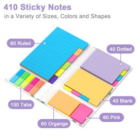 Rouidr Sticky Notes Set, 410 Sheets Self-Stick Note Pads Book, Bright Colors, Super Sticking Power, School Supplie, Office Supplies, Notebook Memo, Assorted Size Small & Large, Cute Desk Supplies