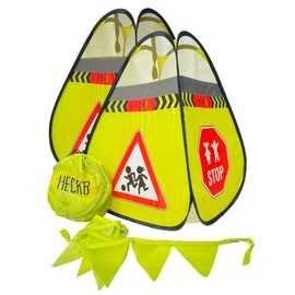 HECKBO 2 x Road Warning Sign Caution Children Sign Playing Pylons + Bunting – Children Road Pylons Children Safety Pop Up Set – Caution Children Street Buddy Warning Cones