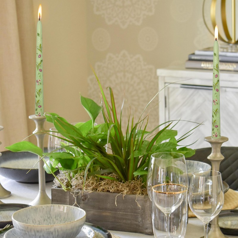 Scandinavian Tall Candle 10 in Green Printed Taper Candles Hand