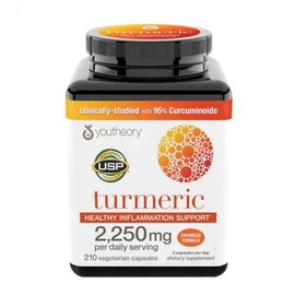 Youtheory Turmeric Curcumin Supplement with Black Pepper BioPerine, Powerful Antioxidant Properties for Joint & Healthy Inflammation Support 2250 MG 210 Capsules