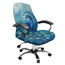 Talayituse Blue Peacock Print Office Chair Cover One Piece Water Resistant Stretch Jacquard Computer Chair Slipcover with Elastic Bottom for Armrest Chairs, S