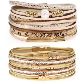 Suyi Multilayer Leather Bracelet Set 2 Pieces Beads Wrap Bracelet Wrist Cuff Bangles with Magnetic Buckle for Women (Leopard4)