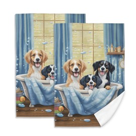 YESPOAK Funny Dog Hand Towels Set of 2 Bathtub Dog Bath Soap Foam Fingertip Towels Soft Kitchen Dish Towel for Bathroom Spa Decor Laundry Room