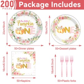 200Pcs Fall Our Little Pumpkin is Turning One Plates and Napkins Autumn 1st Birthday Party Decorations Pink Pumpkin Floral Tableware Maple Leaf Dinnerware for Thanksgiving Baby Shower Party Supplies