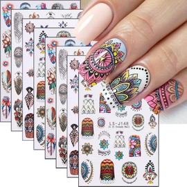 8 Sheets Bohemian Nail Art Stickers 3D Self Adhesive Nationality Retro Nail Decals French Tip Nail Stickers Colorful Feather Flowers Gems Nail Art Designs Supplies Summer Nail Decoration for Women