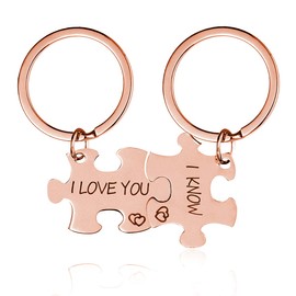 Uloveido and Boys Rose Gold Plated Stainless Steel I Love You More His Crazy Her Weirdo Couple Matching Puzzle Keychain for Boyfriend and Girlfriend SN141 (I LOVE YOU-I KNOW)