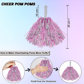 2-Pack Pink and Silver Cheerleading Pom Poms for Kids and Adults, 35cm Cheerleader Poms for Dance, Sports Events, Party Decorations, School Spirit, Team Performances and Costume Accessories
