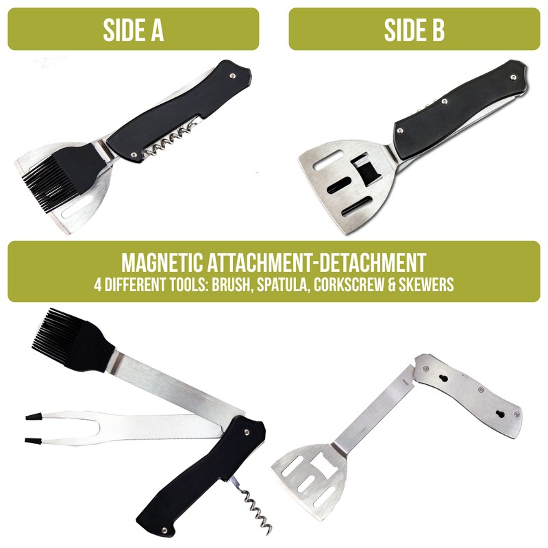 Iconikal 4-in-1 Folding Swiss Camping Grilling Tool, Turner, Brush, Fork,