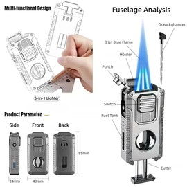 NINSI 5-in-1 Butane Torch Lighter, Windproof Triple Blue Flames, Adjustable and Refillable Lighters, Gifts for Men (Fuel Not Included) (Green)