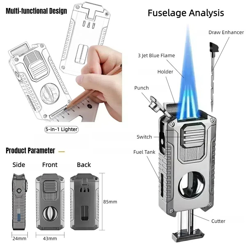 NINSI 5-in-1 Butane Torch Lighter, Windproof Triple Blue Flames, Adjustable