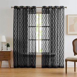 LINENZONE Geometric Curtains for Living Room or Dining Room Decor. Beautiful Sheer Lace Black Curtains with Moroccan Pattern for Modern Home. 54 x 63 Inch Curtains. (Giselle 54 x 63, Black)