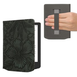 kwmobile Flip Case Compatible with Pocketbook Verse/Verse Pro/Verse Color/Vivlio Light/Light HD Case - Flip Case for the eReader with Hand Strap - Flowers in Green Relief Green