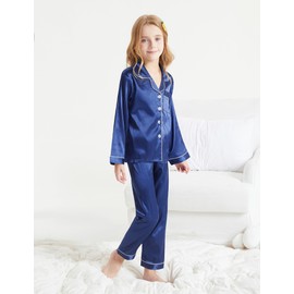 DIPUG Girls Satin Pajamas Soft Silk Long Sleeve Sleepwear Set Cute Comfortable Kids Pjs(Navy)