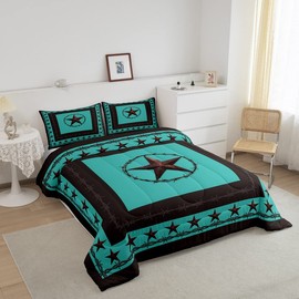 Western Texas Star Kids Comforter Set King Size,Cowboy Rustic Farmhouse Tribal Bedding Set,Boys Girls Adults Bedroom Decor,Geometric Patchwork Down Comforter,Brown Retro Duvet Insert,2 Pillowcases