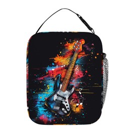 DOINBEE Music Guitar Lunch Box Colorful Musical Notes and Bass Guitar on Black Lunch Bag for Boys Girls Women Men, Insulated Reusable Cooler Lunchbox Leakproof Meal Tote Bag for School Work