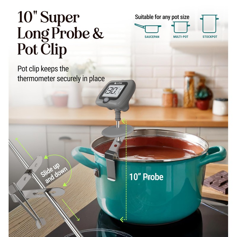 Digital Candy Thermometer with Pot Clip, 10" Long Stainless Steel