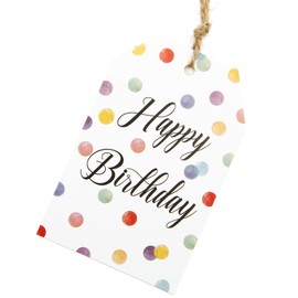 G2PLUS Happy Birthday Gift Tags - 50PCS Colorful Dots Paper Tags with String - 8.5x5.5CM Personliazed Birthday Labels for Gift Wrapping,Birthday Party Decoration