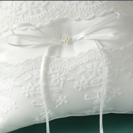 Wedding Ring Pillow Ivory Satin Ribbon Bow Pearls Lace Floral Embroidery Ring Bearer Cushion for Wedding Ceremony(8 inch)