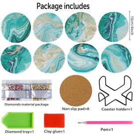 LxcshLjx 8Pcs Diamond Painting Coasters with Holder, Diamond Art Coasters for Beginners, DIY Teal Marble Ocean Coasters Set for Drinks Painting, Art Kits Craft Supplies for Adults