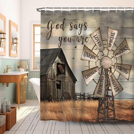 Jipusai Western Barn Windmill Shower Curtain Sets for Bathroom,Rustic Inspirational Quotes Country Vintage Shower Curtains, Waterproof Farmhouse Bathroom Bathbub Decor Curtains with Hooks 70X70IN