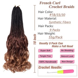 9 Packs French Curl Crochet Braids 18 Inch Bouncy Braiding Hair Pre Looped French curly hair Crochet Braids Hair for Women Box Braids Crochet Hair With Curly Ends