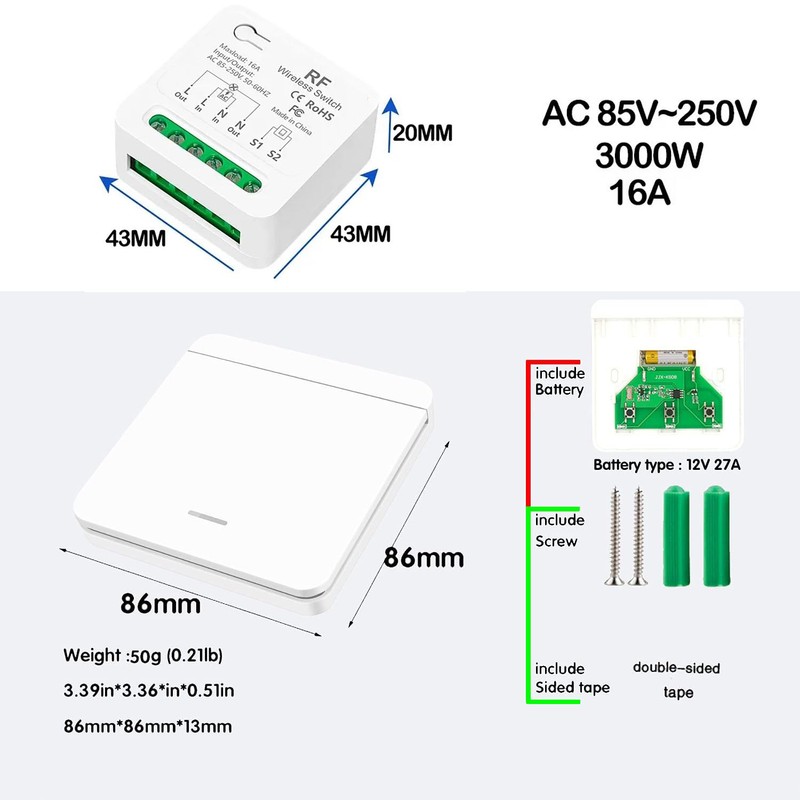 Interruptor Remoto Inalámbrico para Pared, sin necesidad de cableado, Compatible