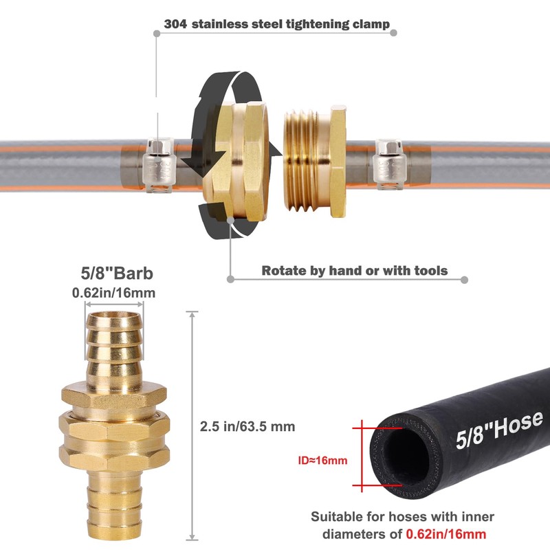Solid Brass Garden Hose Repair Connector with Clamps Hose End