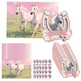 JYNVO 12 x Horse Invitation Cards Children's Birthday Girl with 12 Stickers and 12 Envelopes - Riding Farm Motifs - Birthday Invitations for Girls - Children's Party