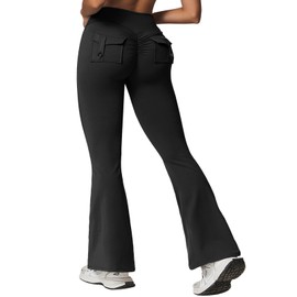 Rugkey Flare Leggings with Pockets for Women Butt Lifting Workout Leggings Gym Bell Bottom High Waisted Yoga Pants Black-S