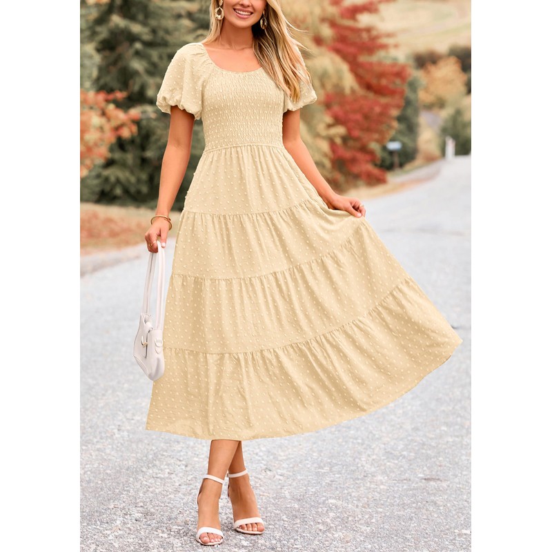 PRETTYGARDEN Women's Swiss Dot Boho Midi Dress Puff Sleeve Tiered