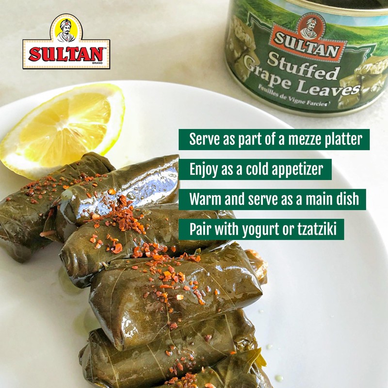 Sultan vegetarian Stuffed Grape Leaves, Precooked Premium Dolma, Dolmades. Perfect