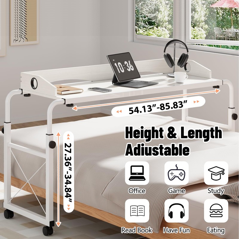 Overbed Table with Wheels, Overbed Desk with Adjustable Length and