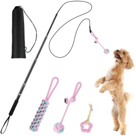 Flirt Pole for Dogs, Extendable Dog Flirt Pole with Detachable Toy Ropes Dog Teaser Wand with Lure Chewing Toy for Outdoor Exercise & Training for Large Medium Small Dogs (Pink)