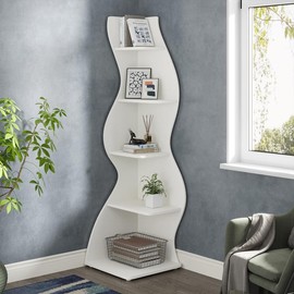 Tribesigns Modern 5-Tier Wall Corner Bookshelf, Stylish Corner Small Bookcase Storage Rack, for Living Room, Bedroom, and Entryway Decor Shelves - Color: White