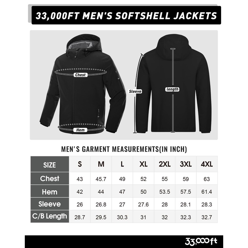 33,000ft 33,000ft Men's Hooded Softshell Jacket Waterproof Lightweight Insulated Windbreaker