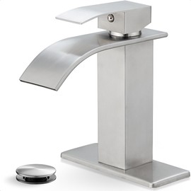 HOIGY Brushed Nickel Bathroom Faucet Single Handle, Brass Waterfall Bathroom Sink Faucet 1 Hole or 4 Inch 3 Hole Bathroom Faucets with Deck Plate & Pop-up Drain Supply Hose for Lavatory No Splashing