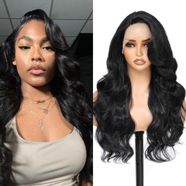 FABÉLLE Black Glueless Lace Front Wig wear and go for women Body Wave Synthetic Wig Beginner Friendly Natural Black 13x4x1 Transparent Lace-24inch