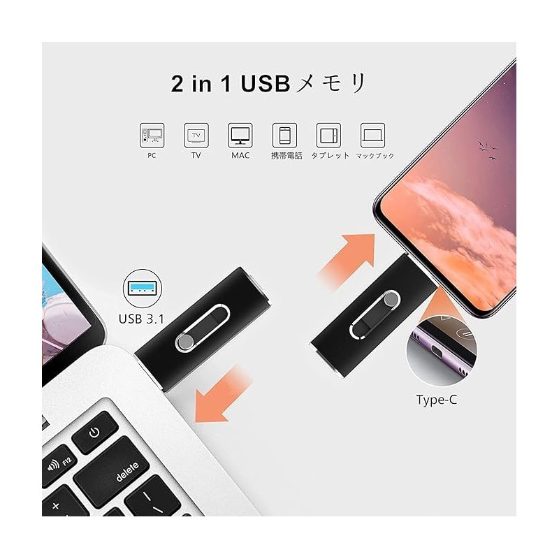 USB Memory 64GB USB 3.1 2 in 1 Type-C Flash