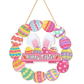 BCCSNNM Easter Door Sign Decorations,Bunny Eggs Hanging Door Sign Happy Easter Wood Wreath for Front Door for Home Garden Porch Window Wall Party Supplies